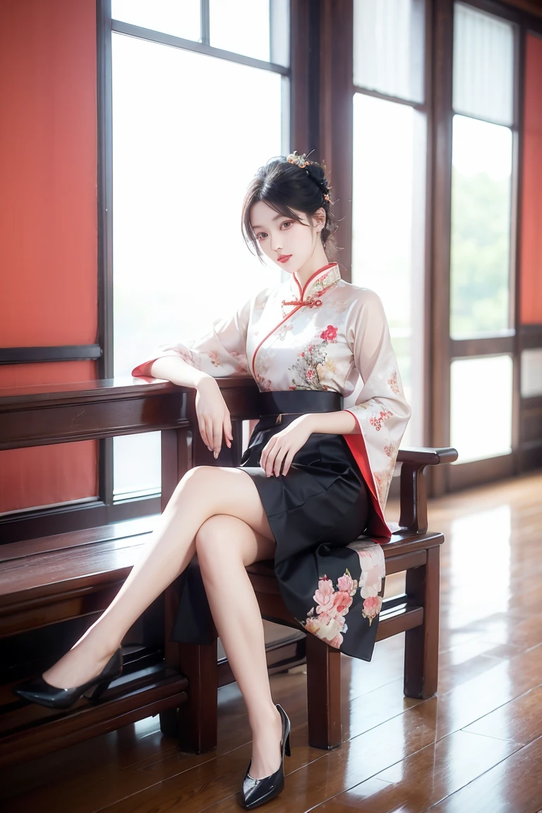 Solitary,1 Girl,skirt,Chinese clothes,china 浅蓝色skirt,Black Hair,sit,Floral,curtain,short hair,Practical,whole body,indoors,Looking at the audience,Red lips,bench,Chair,(Long legs),Elegant girl,