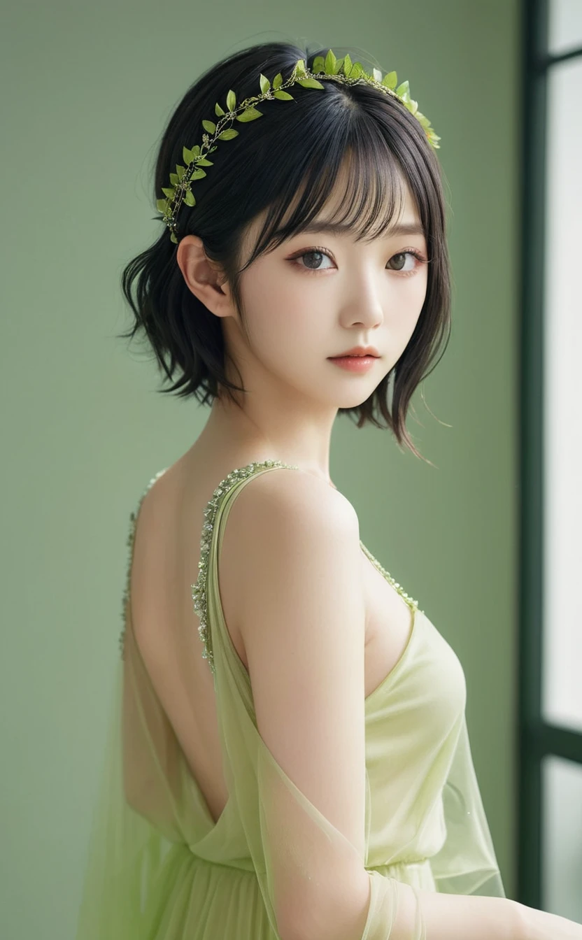 Realistic,Portrait of a young Japanese idol girl,Upper Body,Dark green hair,indoor,View your viewers,Simple Background,Release your lips,olive leaf tiara,lime green greek dress,Popular Korean makeup,photoRealistic,,A pale lime-green veil is draped over her shoulders..,Wavy Hair