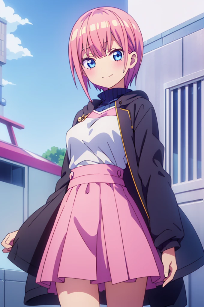 masterpiece, ultra_quality, ultra high_resolution, anime coloring, a english text title says 'INSTERT_NAME' in uppercase,score_9, score_8_up, score_7_up, source_anime, more_details:-1, more_details:0, more_detailed:0.5, more_details:1.0, detailed character, masterpiece, best quality, highly detailed, extremely detailed, best quality, anime style, good anatomy, no extra ear, no fewer ears, pastel colors, cute colors, 1girl, solo, kneehighs, kawaii, realistic, smile,pink hair,blue eye,short hair,nakano ithika