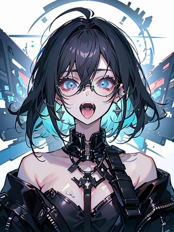 Highest quality,Highest Resolution,sexy,neon,Short Bob,Very beautiful eyes,Ecstasy face,Big Breasts,whole body,Glasses,Black Hair