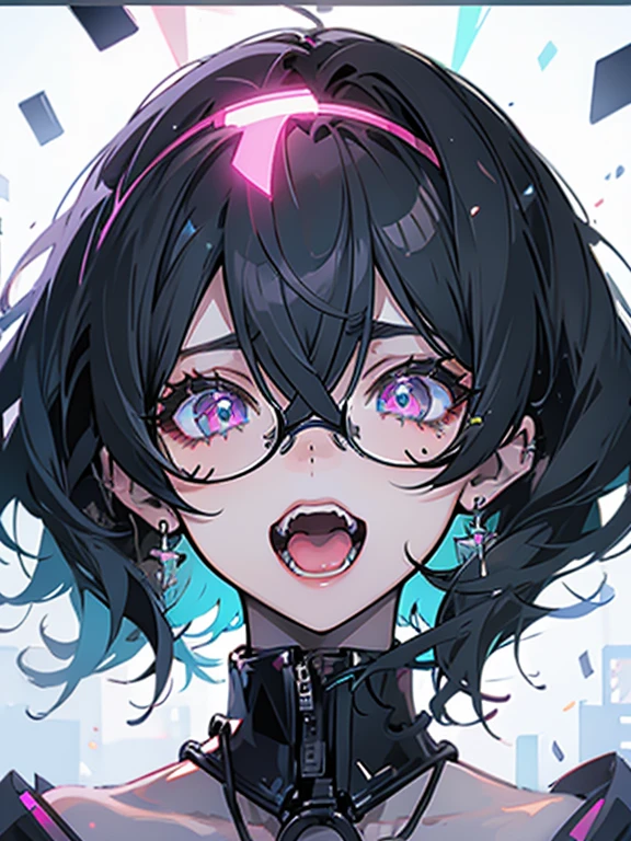 Highest quality,Highest Resolution,sexy,neon,Short Bob,Very beautiful eyes,Ecstasy face,Big Breasts,whole body,Glasses,Black Hair
