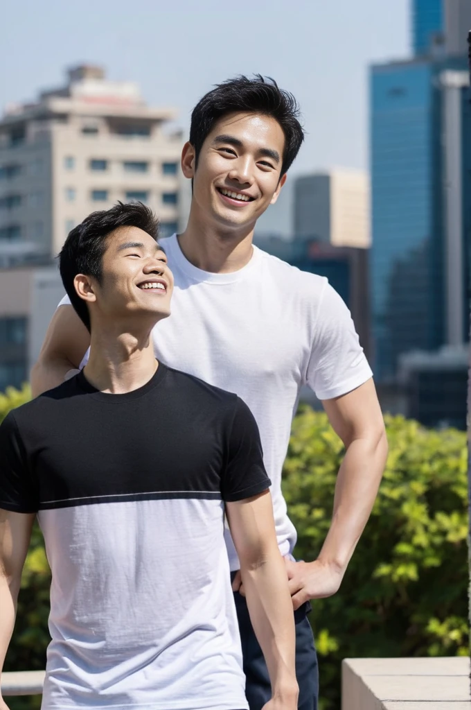 Korean man, Inspiration from Peng Yuyan, 30 years old, 236 years old, Cute Korean Face, 35 yo, 33 year old Korean muscular man，Gym in the background, black t-shirt , open mouth smile