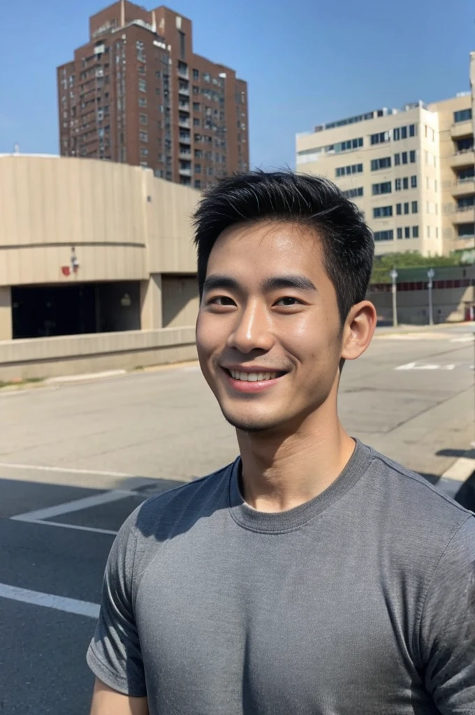 Korean man, Inspiration from Peng Yuyan, 23 years old, Korean muscular man ，The computer room is in the back, tight sports t-shirts, navy blue., open mouth smile