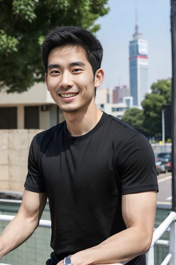 Korean man, Inspiration from Peng Yuyan, 23 years old, Korean muscular man ，The computer room is in the back, tight sports t-shirts, navy blue., open mouth smile