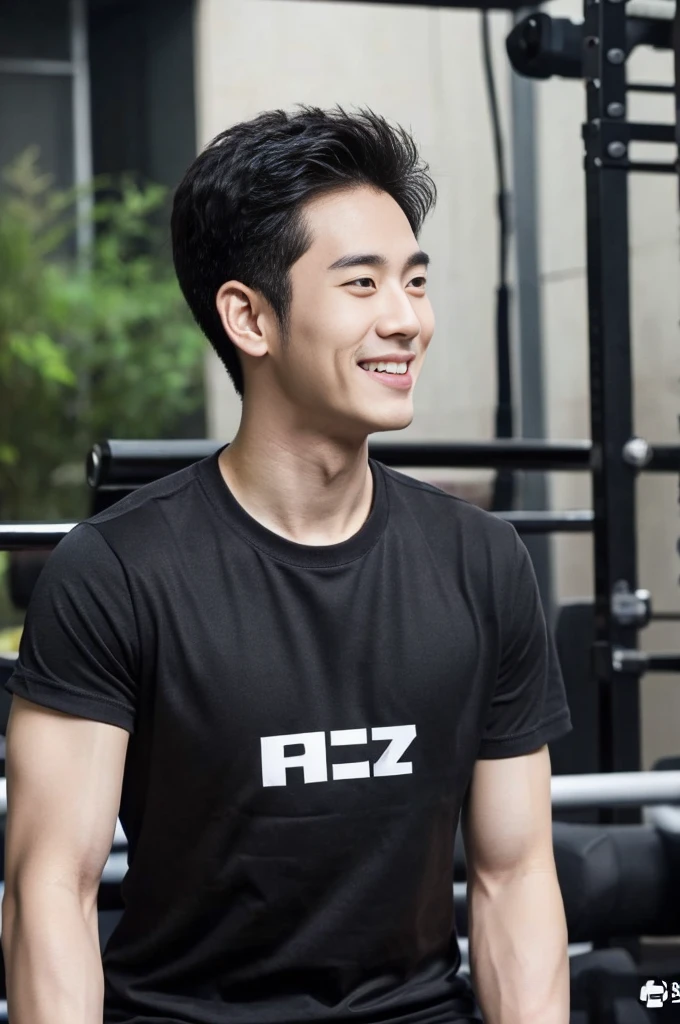 Korean man, Inspiration from Peng Yuyan, 30 years old, 236 years old, Cute Korean Face, 35 yo, 33 year old Korean muscular man,Gym in the background, black t-shirt , open mouth smile