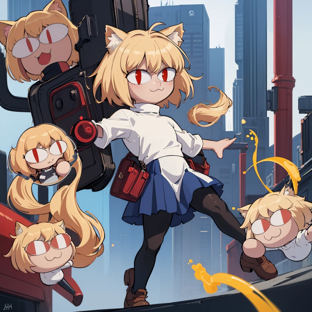 (masterpiece, best quality:1.2), necoarc, slit pupils, cat ears, blonde hair, red eyes, chibi, 1boy, solo, white turtleneck, blue skirt, pleated skirt, brown footwear, pantyhose, outdoors, pov, (solo portrait), (front view), highlight thighs,