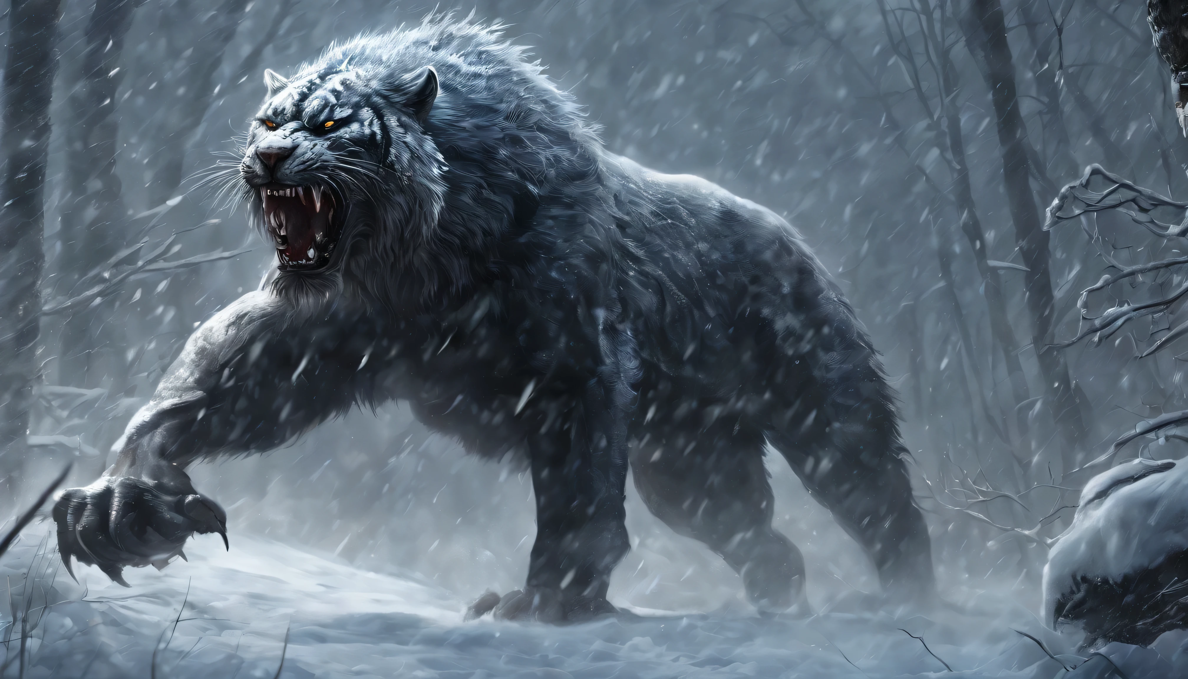 Amidst a raging snowstorm, emerging from the shadows, a tall, masculine, and immensely lean saber-toothed black tiger with huge, massive and big fangs till his chest with long tail moving forward with a badass demeanor. Each muscle on his body is distinctly visible, sculpted in a manner that exudes raw power and dominance, dripping with water from the melting ice that once encased him.
His enormous fangs protrude menacingly from his mouth, a testament to his predatory prowess. Blood drips from numerous scars that decorate his robust frame, evidence of a victorious battle with a pack of gray wolves, whose lifeless bodies now lay scattered around him.
His eyes are a striking red and blue bicolor, glowing intensely as if charged with some primordial energy, cutting through the heavy snowfall with their eerie light. His entire presence is both fearsome and awe-inspiring, a master of his frozen domain.
From a side angle in a long-shot view, you can see his full body, each sinew and contour exaggerated by the harsh, snowy backdrop. The snow swirls violently around him, adding to the dramatic scene, as he walks with a deliberate, confident stride, undeterred by the severe weather. The relentless snowstorm howls in the background, but the saber-tooth remains a focal point, a formidable force of nature, emerging victorious from the chaos