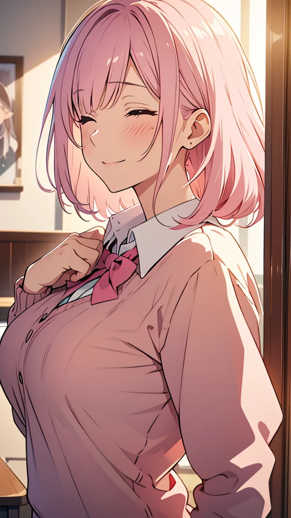 8k,(High quality:1.4),(best quality:1.4),(masterpiece:1.4),(busty breasts:1.4),(beautiful face:1.3),(beautiful woman:1.3),(pale pink hair:1.4),medium hair,a mole around the mouth,(enjoy:1.6),(closed eyes:1),(burst into laughter:1.4), (squinting:1.2)(school uniform:1.1),(beige sweater:1.2),(close-up:1.2),a bow tie