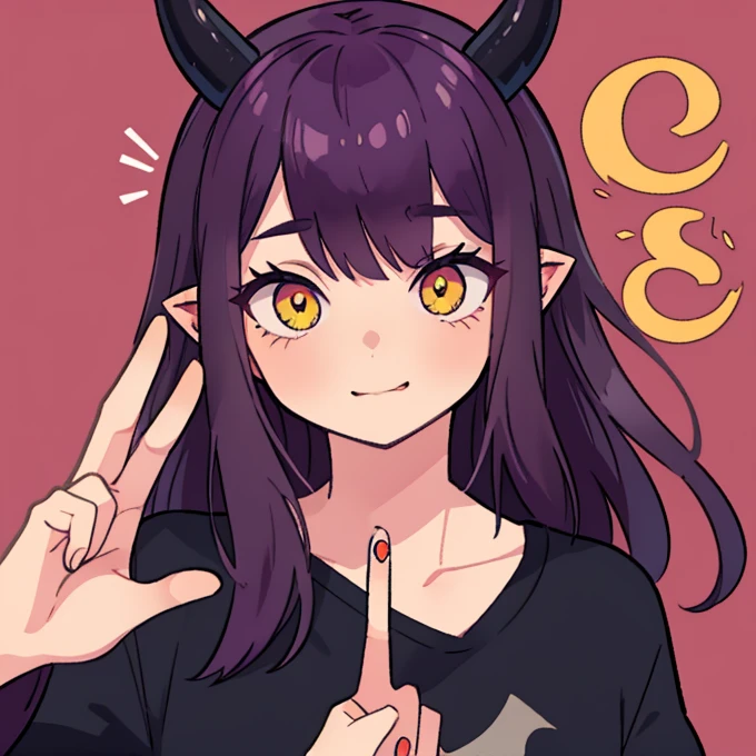 masterpiece, Highest quality, One Woman, Dark purple hair, Glowing yellow eyes, Making a peace sign, Plain black t-shirt, Dragon-like horns, Simple Background, Face close-up, Horn, Confused eyes