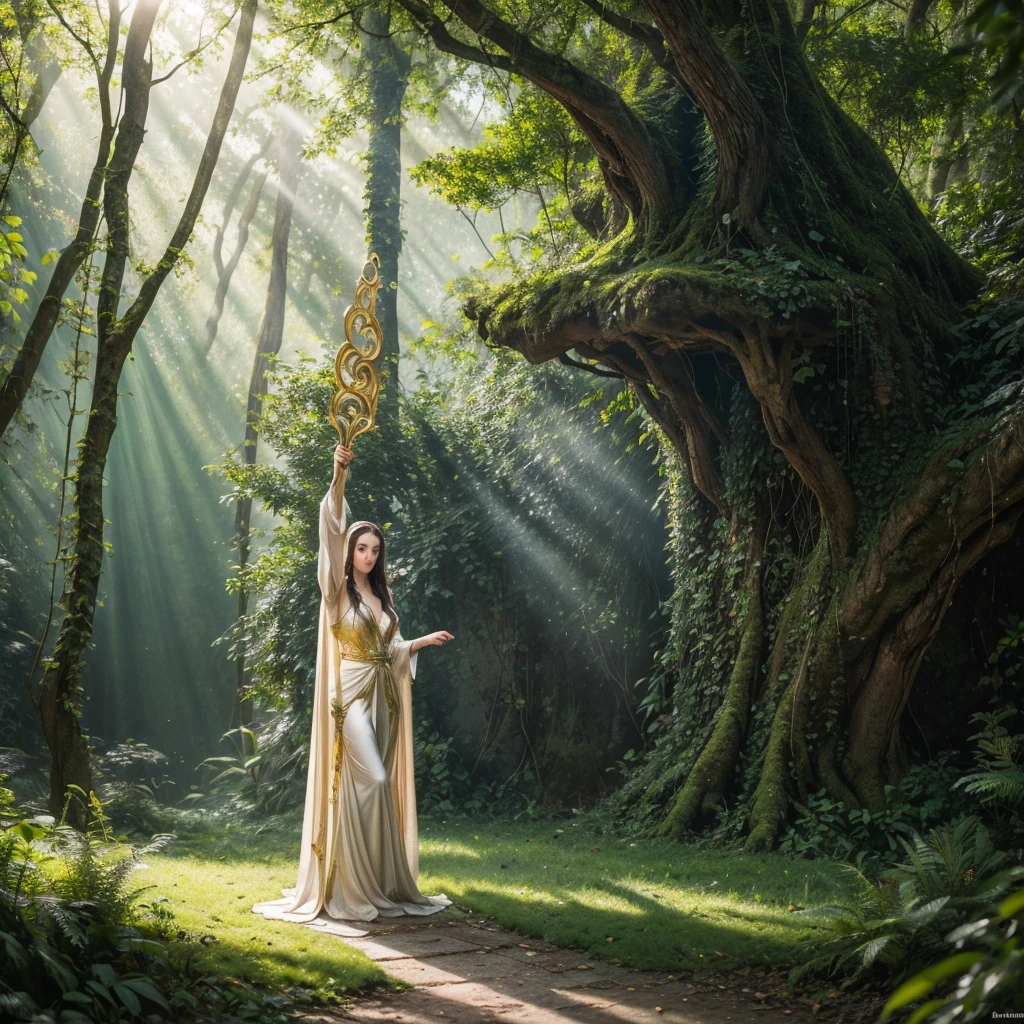 In a dappled, ancient forest ruin, an Elf Princess stands tall, her staff raised high as beams of warm sunlight filter through the trees, casting a golden halo around her regal figure. Her revealing, enchanted thin transparant clothing shimmers in the soft light, while lush foliage and vines surround her, creating a lush environment. The camera captures a sharp focus on the princess's face, with the rule of thirds composition placing her at the intersection of two diagonals. Shot during the golden hour, the scene exudes an ethereal mood, inviting the viewer to step into this mystical realm,fantasy,better_hands,leonardo,angelawhite,Enhance