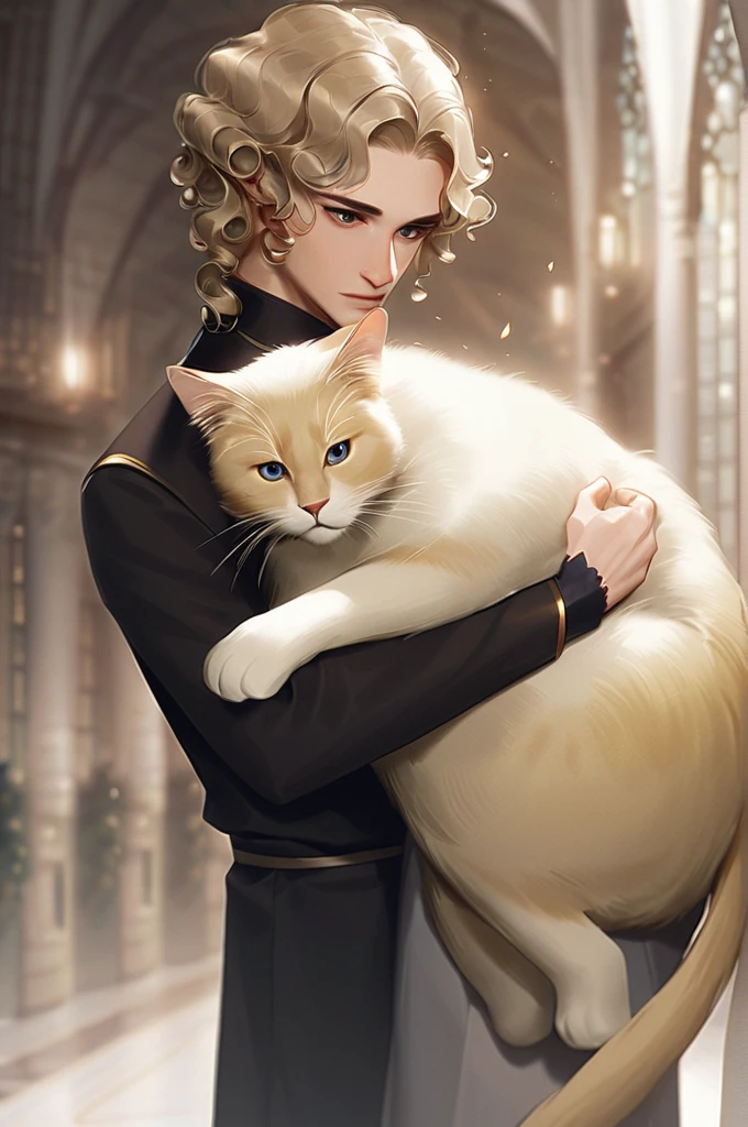 ((Лучшее качество)), ((шедевр)), (подробный), Curly-haired guy hugs a big cat