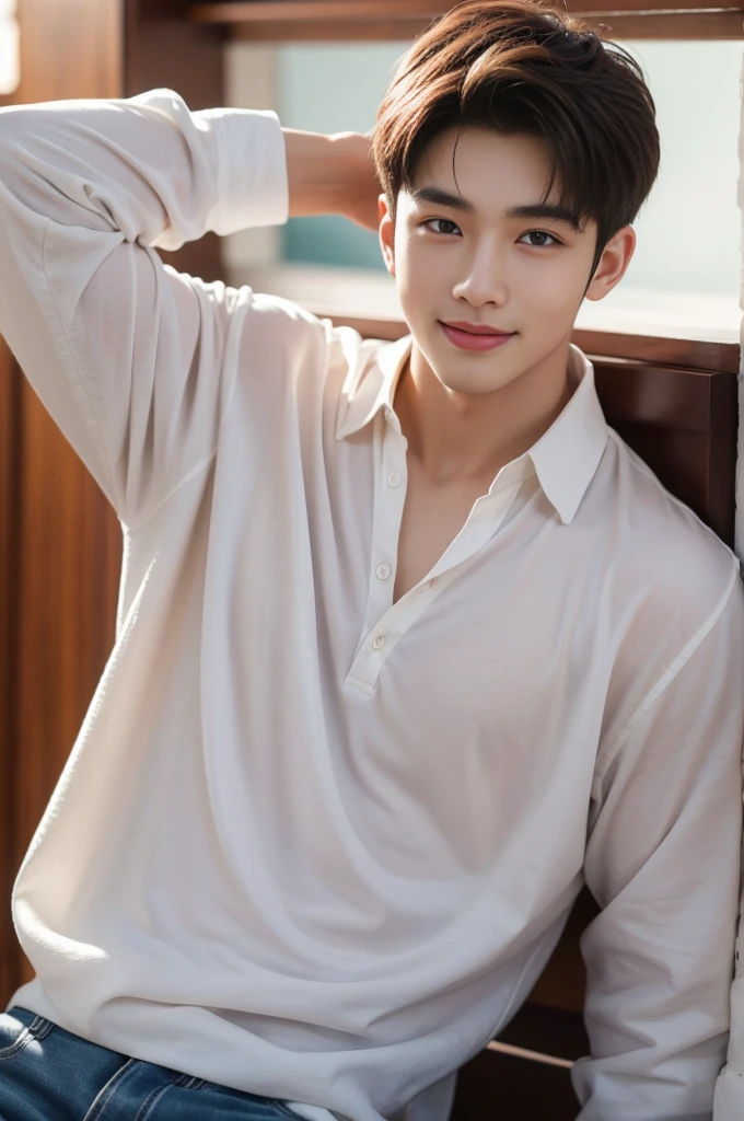 male handsome 20-year-old handsome shirt guy,looking to the camera,frontage,high qulity,tmasterpiece,8K.4K,1080P,Light-sensitive, ยิ้ม, ,มุมกว้าง