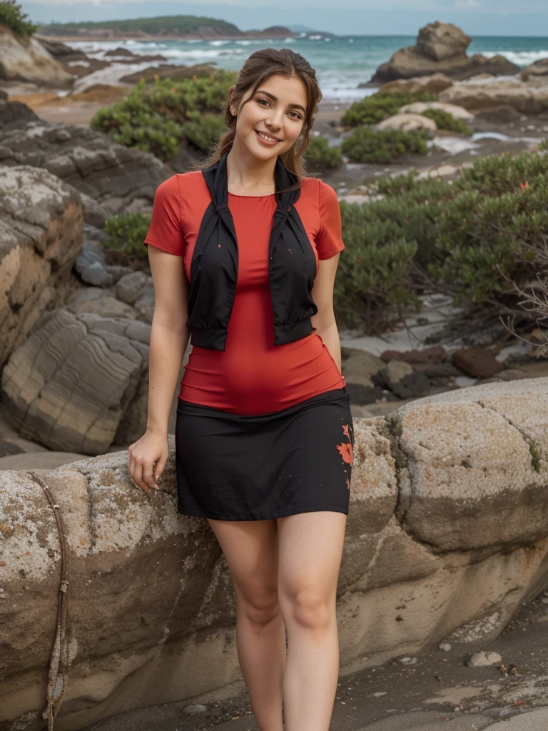 Araffe wears a short dress Orangewith small breasts, red cream,a light smile anda rocky beach near Escasamente vestido.GlossyskyCurved model Hermosa figura cuerpo voluptuoso curvy hermosas sonrisa seductora RetratoGabriella Linda Full-length photo Sucier Rojo seducer and poderoso wearing a thick white ruffled summer dress near the breast, too long white skirt,casual dress