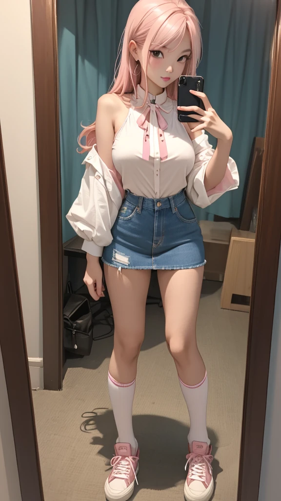 av idol. 25-years-old asian woman. slender with medium breast and curvasious. Long, light pink hair. She has brown eyes. wearing a red over the shoulder blouse and blue denim mini skirt with knee high socks and sneakers. Taking selfie in a mirror. sexy pose. Full body portrait.