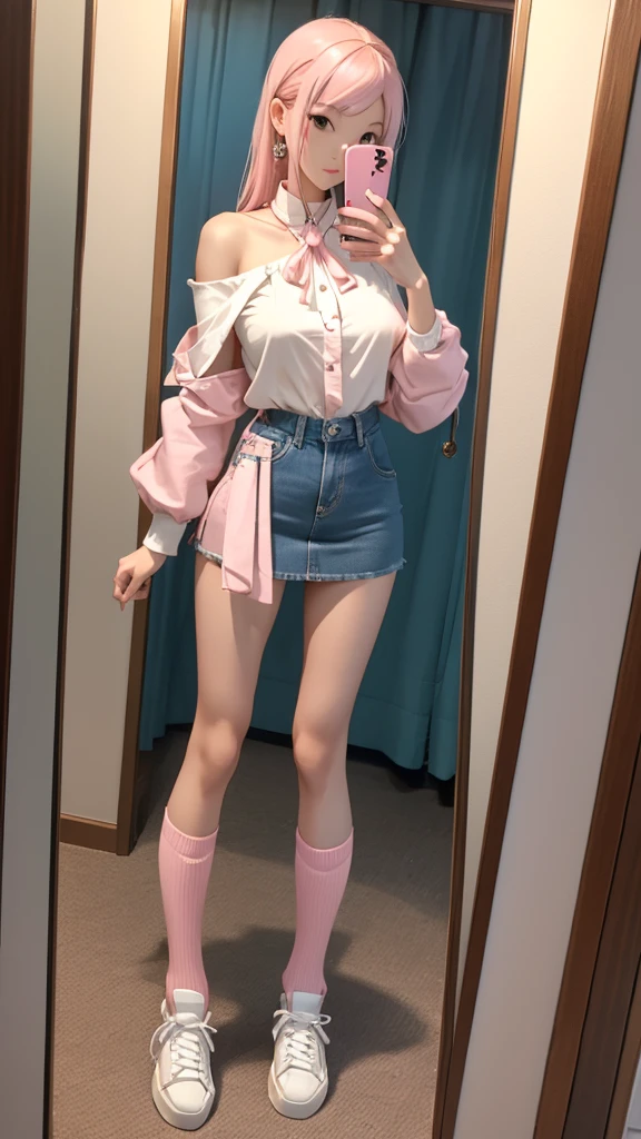 av idol. 25-years-old asian woman. slender with medium breast and curvasious. Long, light pink hair. She has brown eyes. wearing a red over the shoulder blouse and blue denim mini skirt with knee high socks and sneakers. Taking selfie in a mirror. sexy pose. Full body portrait.