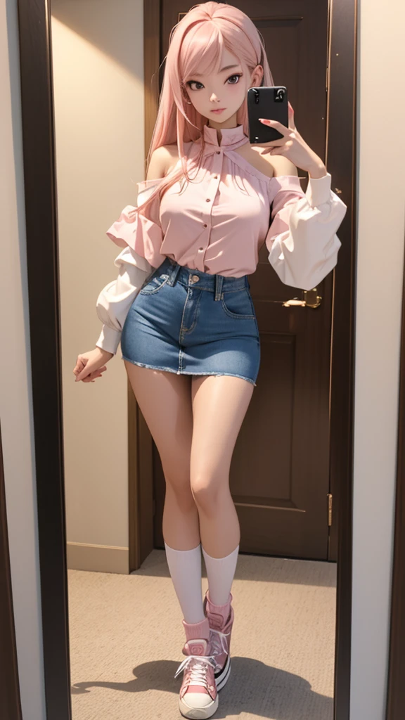 av idol. 25-years-old asian woman. slender with medium breast and curvasious. Long, light pink hair. She has brown eyes. wearing a red over the shoulder blouse and blue denim mini skirt with knee high socks and sneakers. Taking selfie in a mirror. sexy pose. Full body portrait.