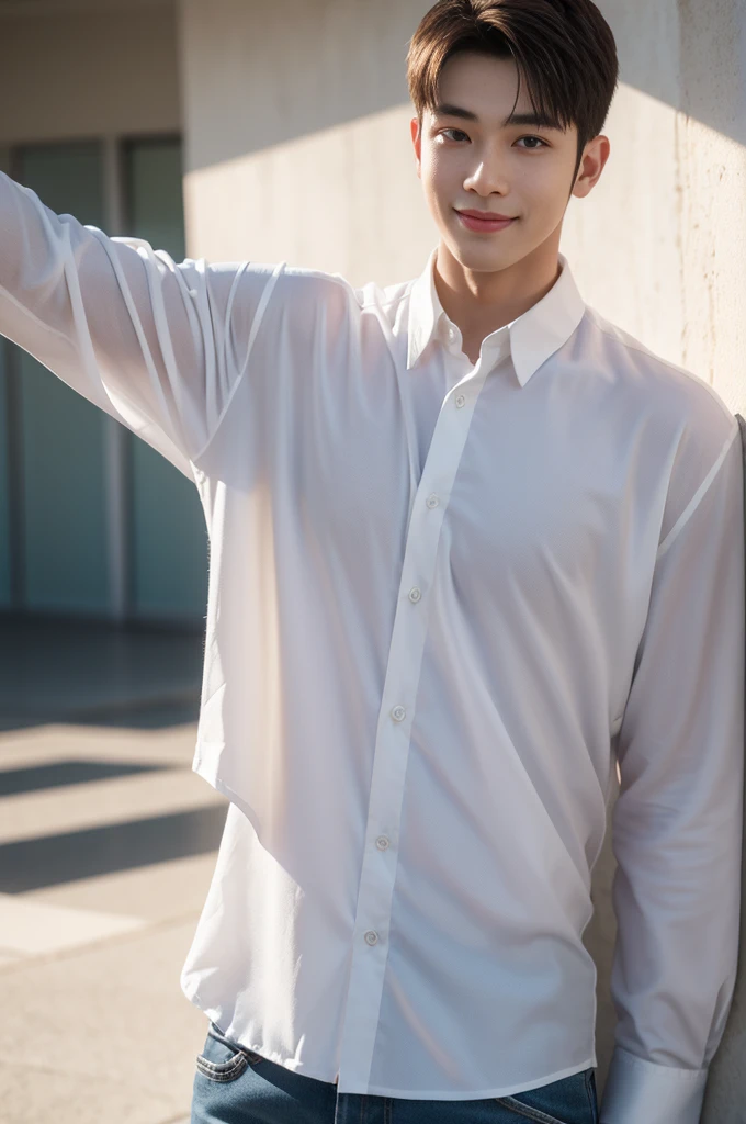 male handsome 20-year-old handsome shirt guy，looking to the camera，frontage，high qulity，tmasterpiece，8K.4K,1080P，Light-sensitive, ยิ้ม, ,มุมกว้าง