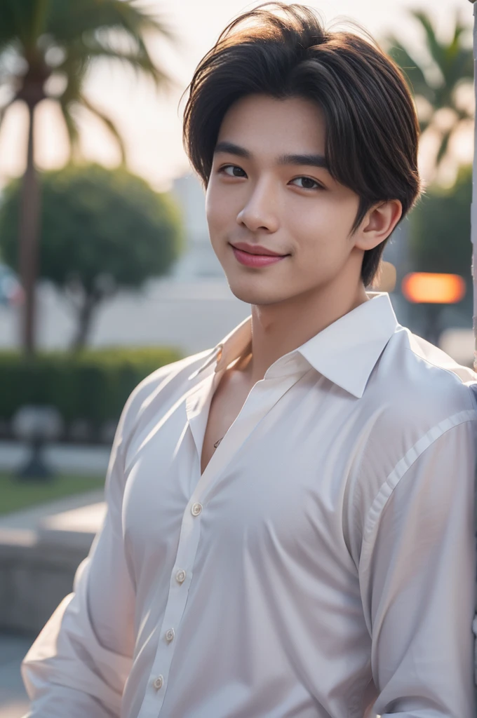 male handsome 20-year-old handsome shirt guy,looking to the camera,frontage,high qulity,tmasterpiece,8K.4K,1080P,Light-sensitive, ยิ้ม, ,มุมกว้าง