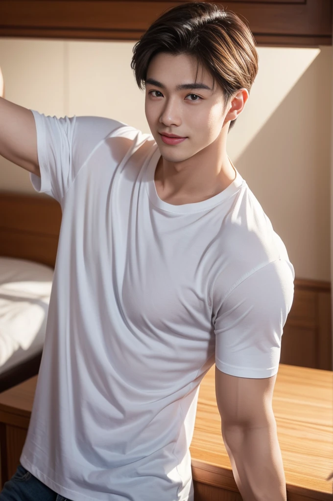 male handsome 20-year-old handsome shirt guy，looking to the camera，frontage，high qulity，tmasterpiece，8K.4K,1080P，Light-sensitive, ยิ้ม, ,มุมกว้าง