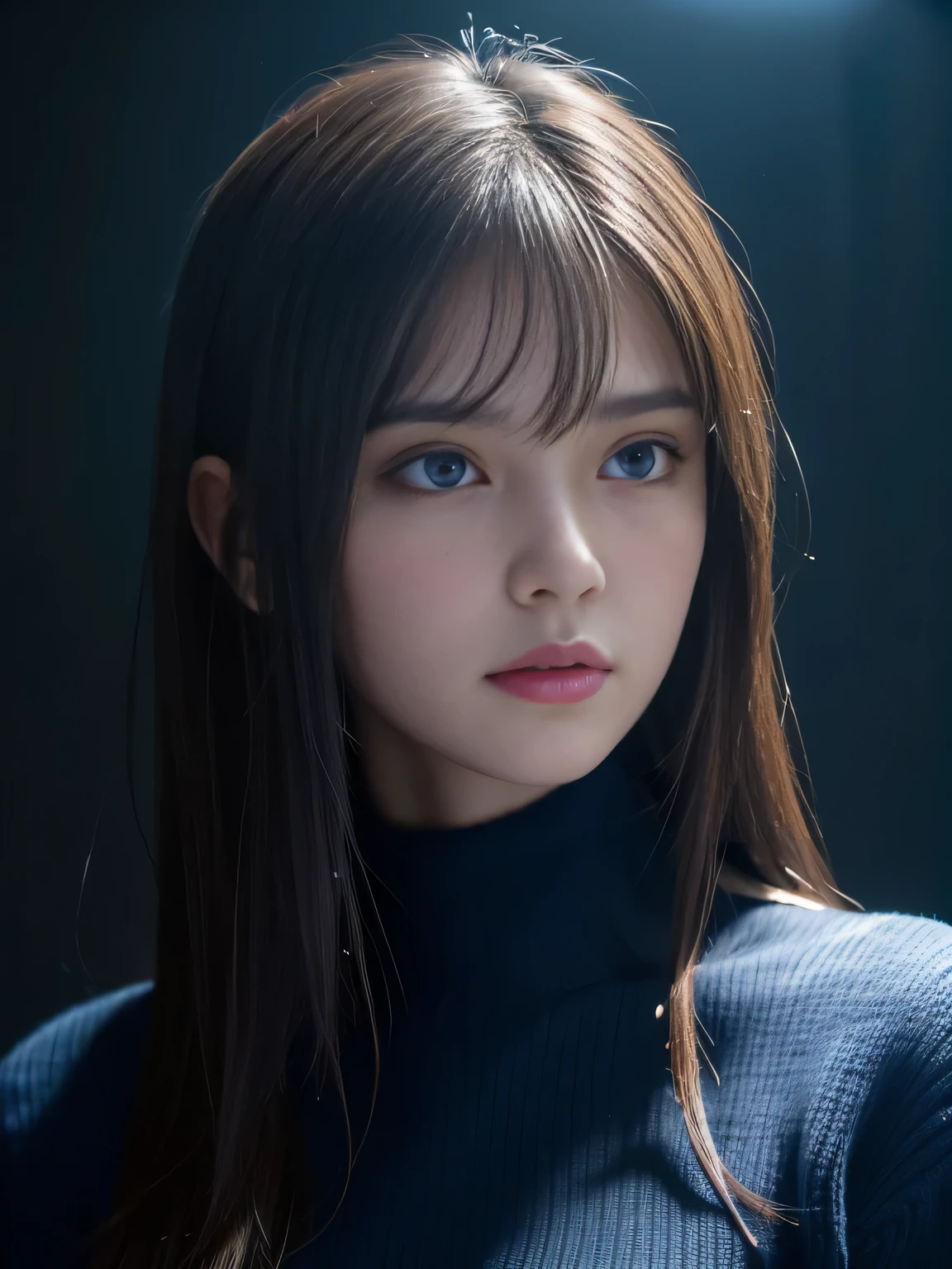 masterpiece, best quality, ultra-detailed, intricately detailed hyperdetailed, realistic, sharp features, highly detailed, sharp focus, (Japanese idol), 19 years old, perfect face, perfect and delicate Blue eyes, perfect full lips, flexible female form, cinematic, hyper detailed, hyper realistic, high resolution, gloomy shadow, brown hair, messy hair, Black sweater, portrait, head shot, blue and purple cinematic lighting, (Dark room:1.3), (rim light:1.3), (Dimly light:1.3), (Dark night:1.3), Indoors, (dark fantasy), ((deep Blue hour)), 
