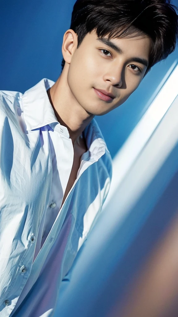 male handsome 20-year-old handsome shirt guy,looking to the camera,frontage,high qulity,tmasterpiece,8K.4K,1080P,Light-sensitive, ยิ้ม, ,มุมกว้าง