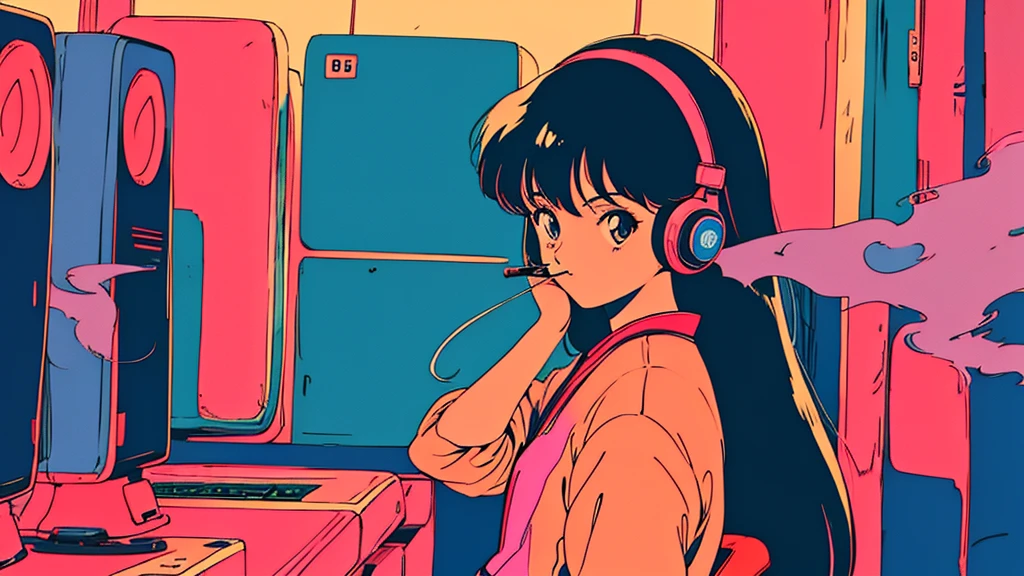 Retro arcade anime girl, 80年代のAnime atmosphere, 80s anime style, Retro Anime Girls, 1980's anime style, Retro anime images, Anime atmosphere, Playing games, smoking、4k、Wearing headphones
