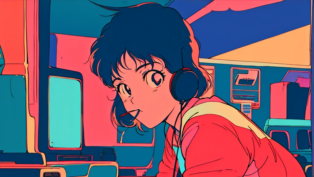 Retro arcade anime girl, 80年代のAnime atmosphere, 80s anime style, Retro Anime Girls, 1980's anime style, Retro anime images, Anime atmosphere, Playing games, smoking、４ｋ、Wearing headphones