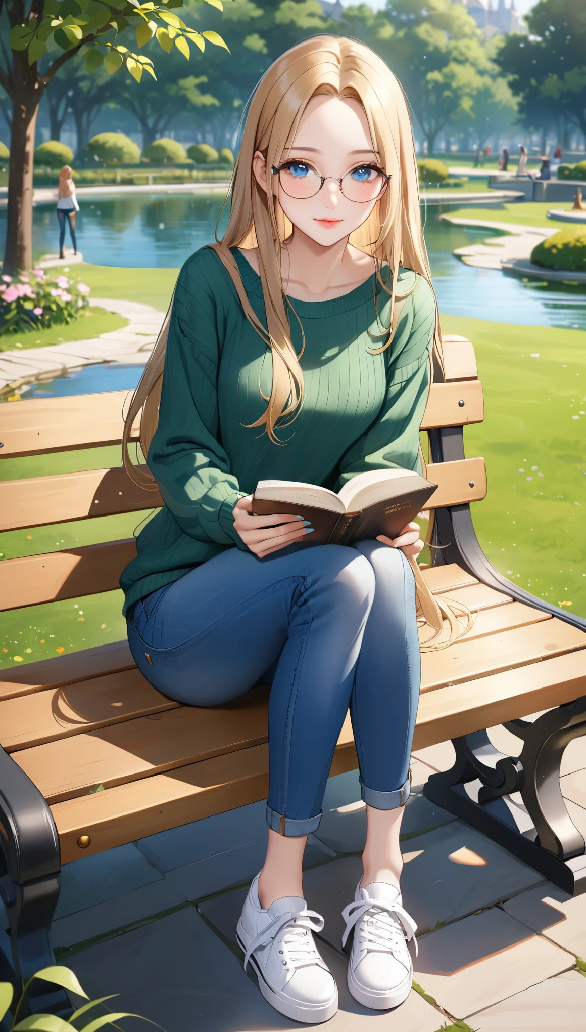 ((best quality, masterpiece:1.3, 8K)), (detailed), highly detailed face and skin texture, detailed eyes, sitting, (seductive pose:1.1), park, pond, bench, full body, (slender body:1.1), 1girl, 25 years old, white skin, blue eyes, reading glasses, bright lips, seductive smile, blonde hair, straight hair, long hair, (forehead:1.0), green sweater, jeans pants, skinny jeans, blue jeans, white sneakers,
