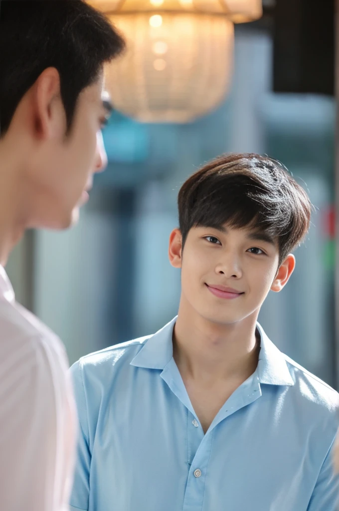 male handsome 20-year-old handsome shirt guy，looking to the camera，frontage，high qulity，tmasterpiece，8K.4K,1080P，Light-sensitive, ยิ้ม, ,มุมกว้าง