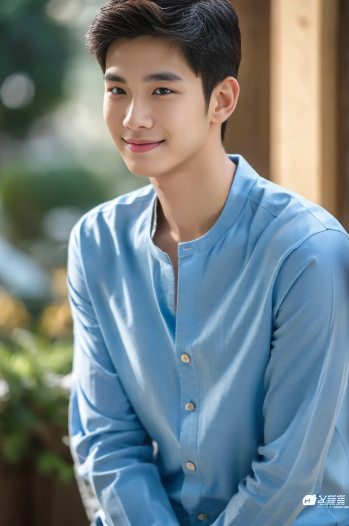 male handsome 20-year-old handsome shirt guy,looking to the camera,frontage,high qulity,tmasterpiece,8K.4K,1080P,Light-sensitive, ยิ้ม, ,มุมกว้าง