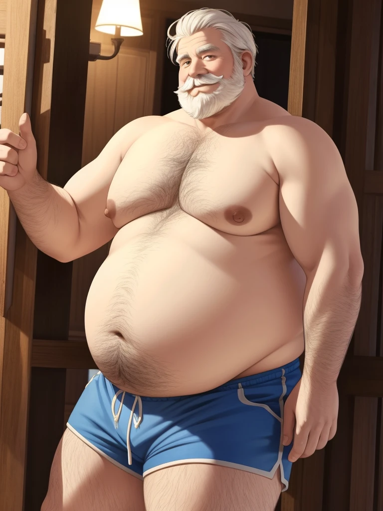 a smiling obese old man, chubby, big fat, detailed realistic portrait, 8k high resolution, topless, , side view, perfect center, full view, realistic skin texture, wrinkled face, short hair, thick mustache, white hair, bearded, jovial expression, huge belly, fat, wearing shorts, high detail, masterpiece, (best quality,4k,8k,highres,masterpiece:1.2),ultra-detailed