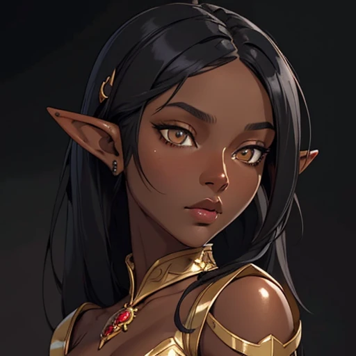 (masterpiece), (best quality),(portrait),(bust up),1girl,solo,(sharp focus),(look at viewer),elf,(black skin),dark skin,black hair,(elf lady) ,adult,golden eyes,(ancient:1),ancient luxurious long clothes,old school fantasy art,((simple background)),super shiny face,Ultra Glossy Skin