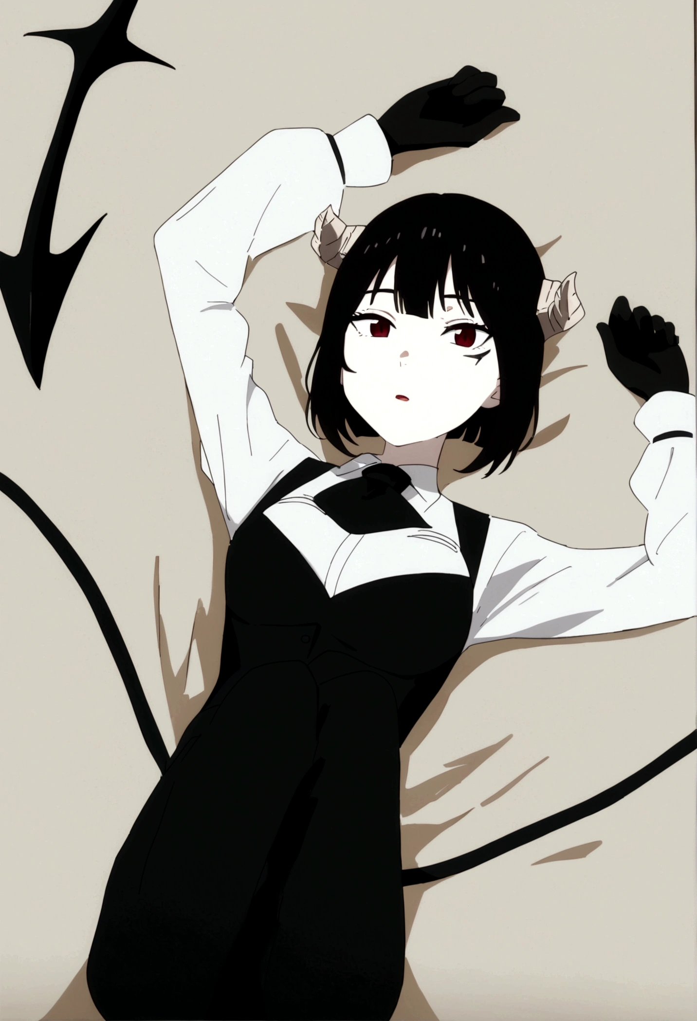 work of art, best qualityer, high resolution, 1girl horns short hair demon tail, white shirt black ascot black gloves black pants black vest lying on your back, sheet, arms up