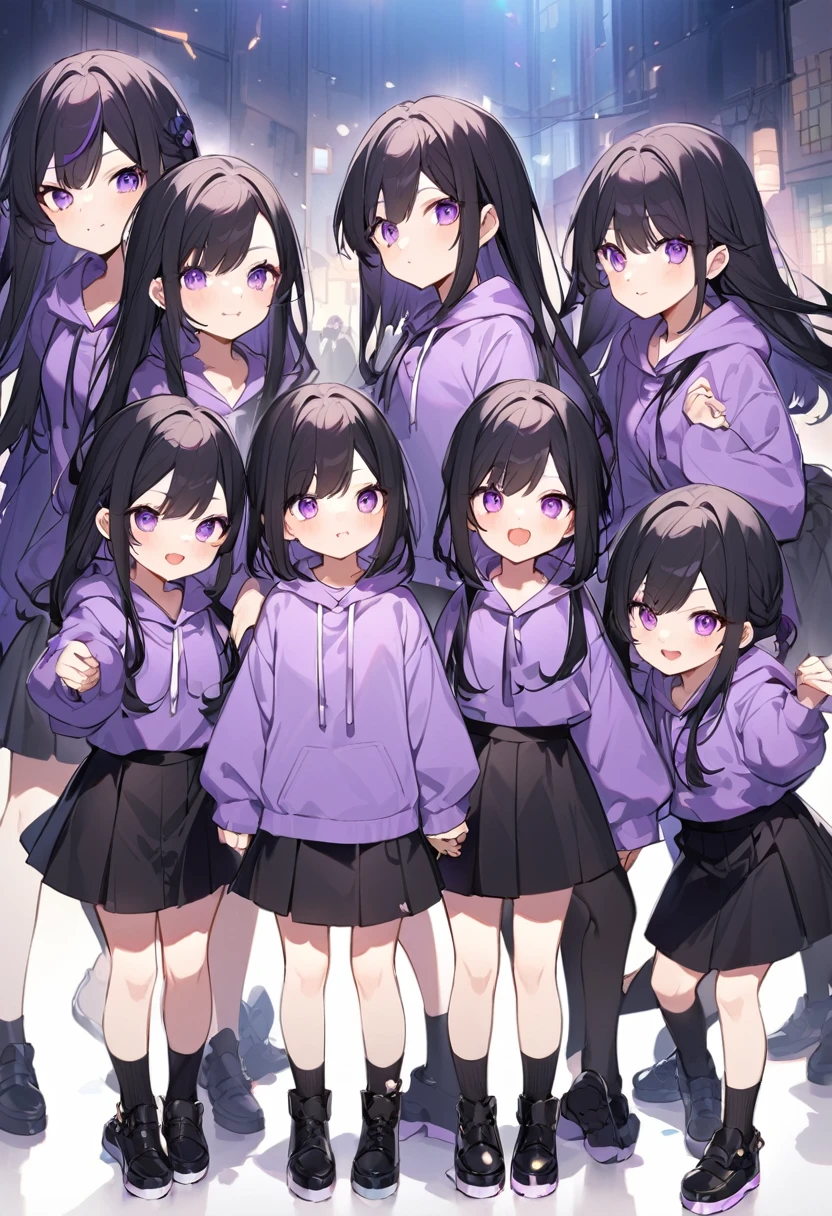 Keito。Purple hoodie。Black Skirt。Purple Eyes。Black Hair。Black shoes下。Black shoes。6 siblings。The eldest daughter has purple hair。