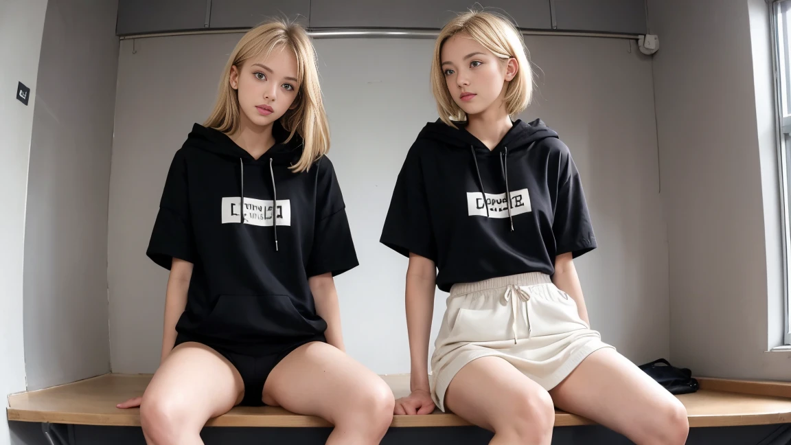 deux femmes blonde ensemble de 18 ans sexy et mince , black short sleeve hoodie , salle de classe, se touche,position sey,sensuel,visible legs,