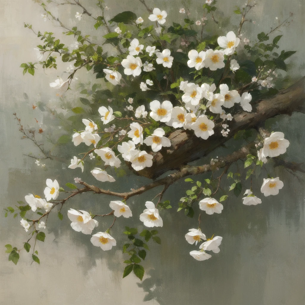realistic, (best quality, masterpiece: 1.3), finch, branch, still life, natural light, CHECKRY FLOWERS, BIRDS