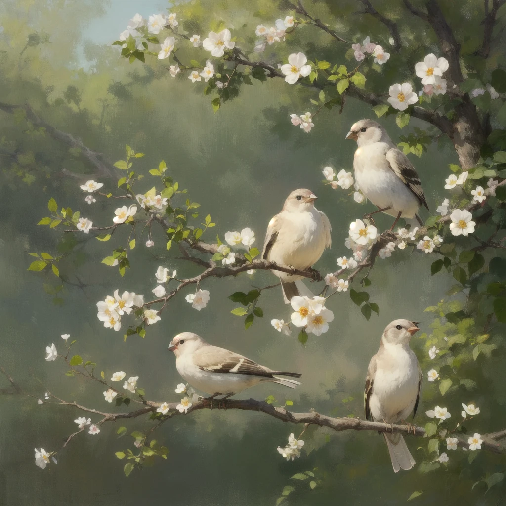 realistic, (best quality, masterpiece: 1.3), finch, branch, still life, natural light, CHECKRY FLOWERS, BIRDS