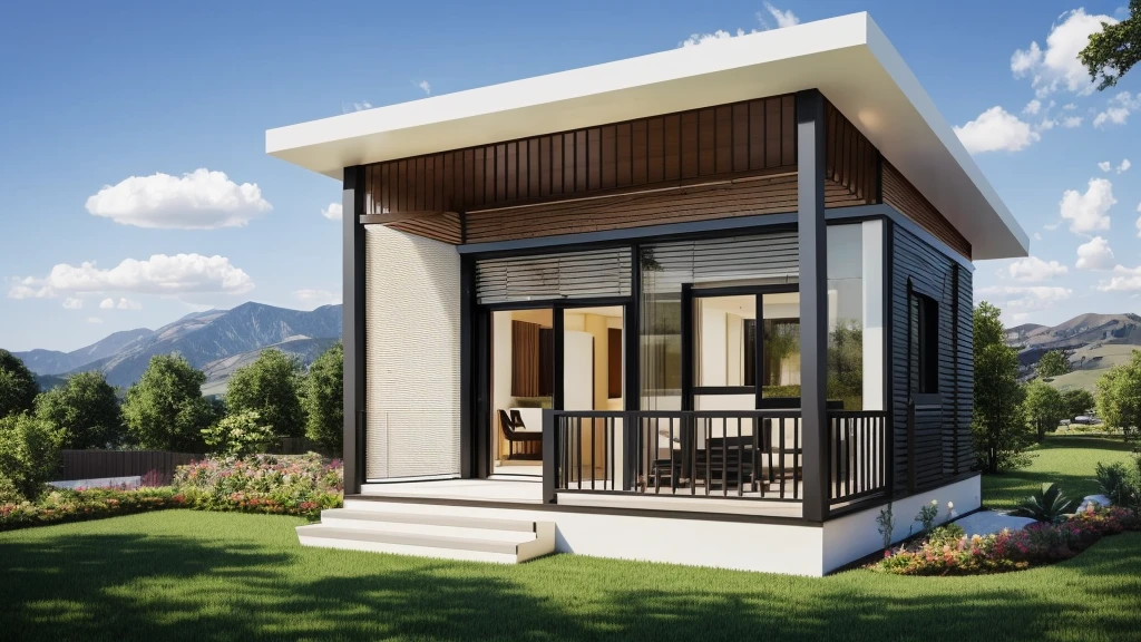 modern house flat roof, among the meadows,hill backdrop, daytime