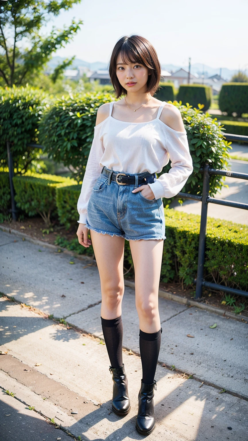 (8K、RAW Photos、Highest quality、masterpiece:1.2)、(Realistic、Realistic)、1 Girl、((mini skirt、white、Thin legs、whole body、boots、Clothes with ribbons、Anime Costumes、Chest ribbon、Off the shoulder、See-through、Frills、garden、smile、View from the front、Ribbon on chest、Looking into the camera、belt、Stand with hands on hips))、