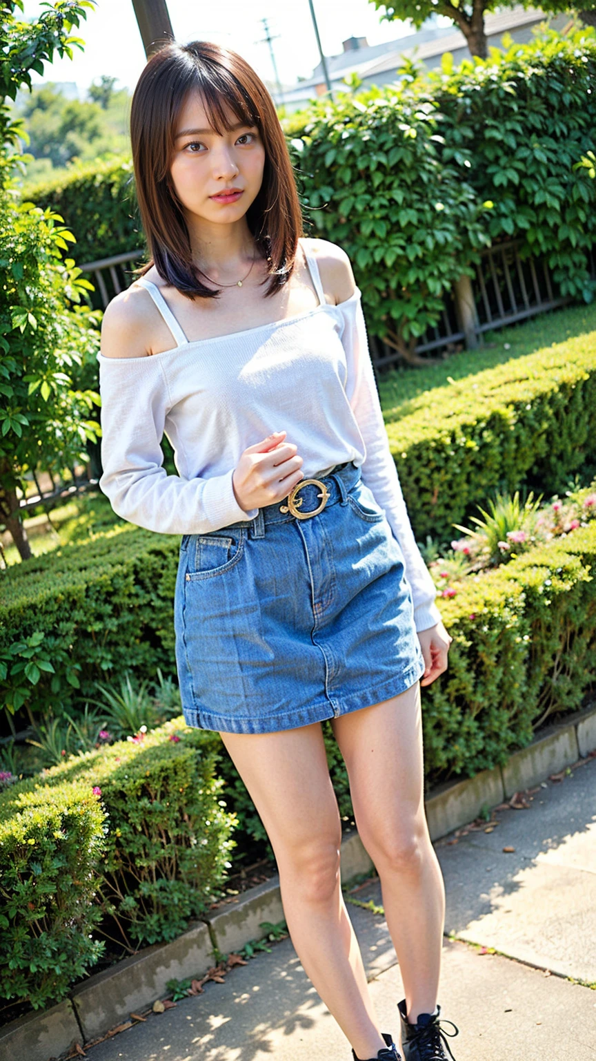 (8K、RAW Photos、Highest quality、masterpiece:1.2)、(Realistic、Realistic)、1 Girl、((mini skirt、white、Thin legs、whole body、boots、Clothes with ribbons、Anime Costumes、Chest ribbon、Off the shoulder、See-through、Frills、garden、smile、View from the front、Ribbon on chest、Looking into the camera、belt、Stand with hands on hips))、