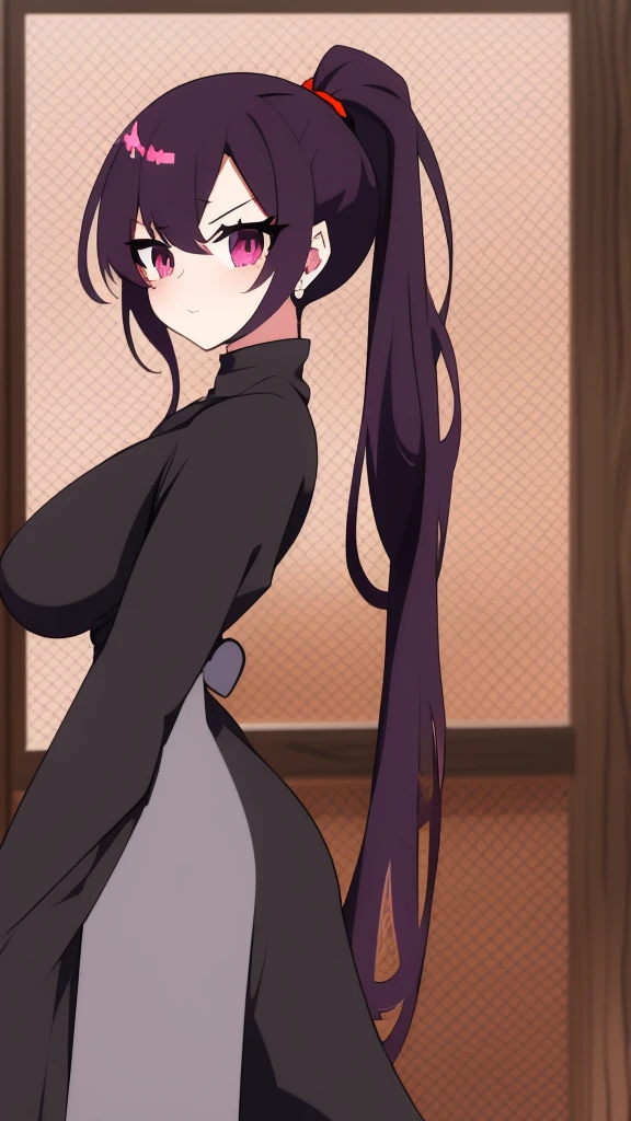 high tail hairstyle, Ponytail hairstyle, Long wavy black hair, standing posing, anime girl style, pixel art anime style,penetrating look with deep eyes,red and purple eyes, hair with a ponytail hairstyle trapped with a big red bun, Women, red hair clips, x color shaped hair clips , smiling face blush, 