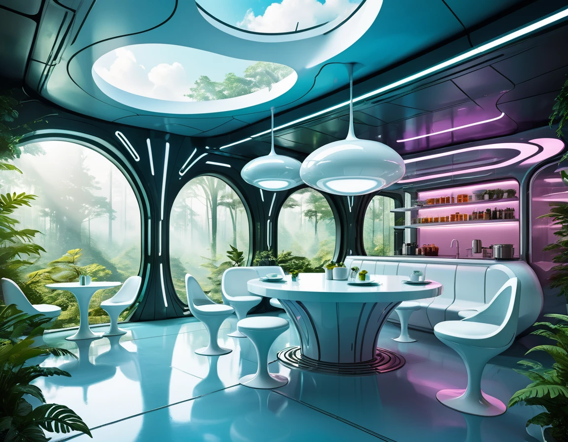 ultra-realistic solarpunk canteen in suspended building, futuristic design with round bar counter made of reflective white polyethylene, chairs and tables in a room with large windows, futuristic and ethereal, futuristic setting, karim rashid, futuristic interior, smooth utopian design,in a lush forest backdrop, surreal design, by Zha Shibiao, futuristic decoration, solarpunk cantine, cafe in the clouds, surreal sci fi set design, futuristic architecture concept, natural and volumetric lighting, sharp focus, vibrant colors,high saturation,high contrast,very high resolution,HDR,8k, masterpiece, best quality
