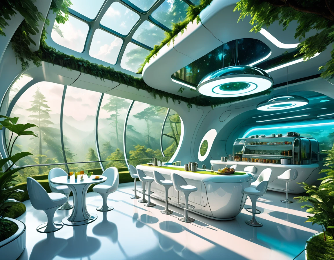ultra-realistic solarpunk canteen in suspended building, futuristic design with round bar counter made of reflective white polyethylene, chairs and tables in a room with large windows, futuristic and ethereal, futuristic setting, karim rashid, futuristic interior, smooth utopian design,in a lush forest backdrop, surreal design, by Zha Shibiao, futuristic decoration, solarpunk cantine, cafe in the clouds, surreal sci fi set design, futuristic architecture concept, natural and volumetric lighting, sharp focus, vibrant colors,high saturation,high contrast,very high resolution,HDR,8k, masterpiece, best quality