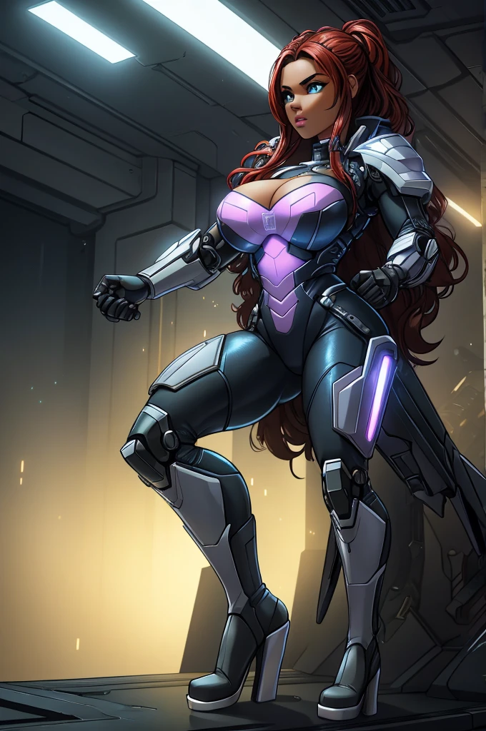 a girl wearing mecha cyber armor,technology bodysuit,smart lines in the costume,cleavage,tech boots,tech gloves,(mechanized valkyrie girl),full body,high heels,intricate details,hyper realistic,8k,award winning,cinematic lighting,dynamic pose,dramatic colors,complex patterns,futuristic,cyberpunk,chiaroscuro lighting,highly detailed,photorealistic,unreal engine,volumetric fog,advanced rendering, technology pistol in hands shining.