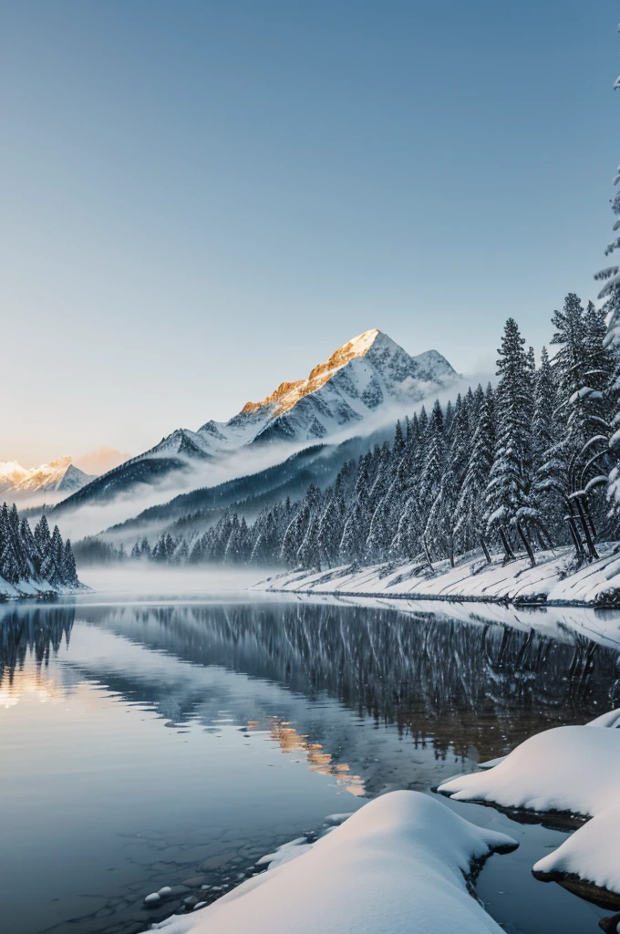 A boat on the river, surrounded by huge snow mountains, foggy environment, best quality, highly detailed, masterpiece.