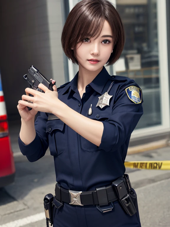 storehouse、Crime Scene、pressing、Realistic、Highest quality、Police Officer、Police uniform、gun、30 year old beauty、Super detailedな、High resolution、8k wallpaper、Perfect dynamic composition,、Beautiful attention to detail、(Highest quality: 1.3), (masterpiece: 1.3), (Super detailed: 1.3), (One Girl:1.1)、(Detailed hands and fingers:1.2)、(Ultra-oily, lustrous skin with attention to detail:1.1)、short hair、Swinging Hair、standing