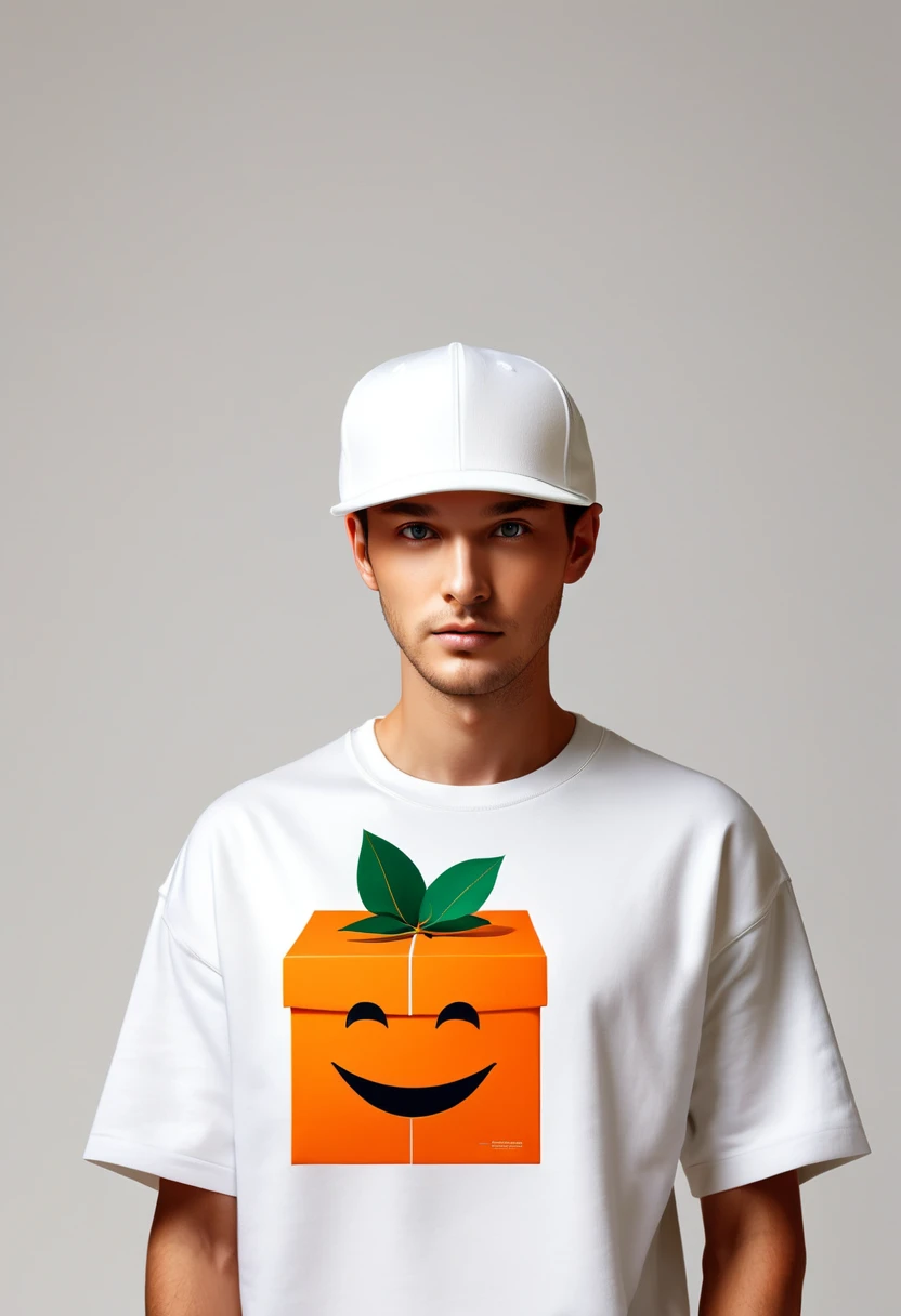 poster design,The face is a giant orange gift box,White crewneck shirt,fantasy,Minimalism