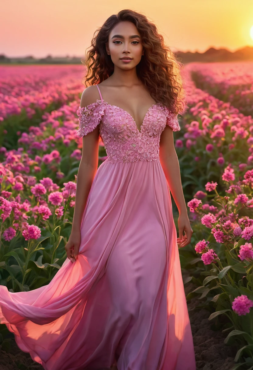 8k, extremely detailed hands and face, beautiful mixed girl, Wavy hair ,extremely detailed full body, beautiful chest, cute legs , beautiful Flower fields, sunset, long pink dress,vibrant colors, natural lighting, (best quality,4k,,highres, masterpiece:1.2),ultra-detailed,(realistic,photorealistic,photo-realistic:1.37),portrait,landscape