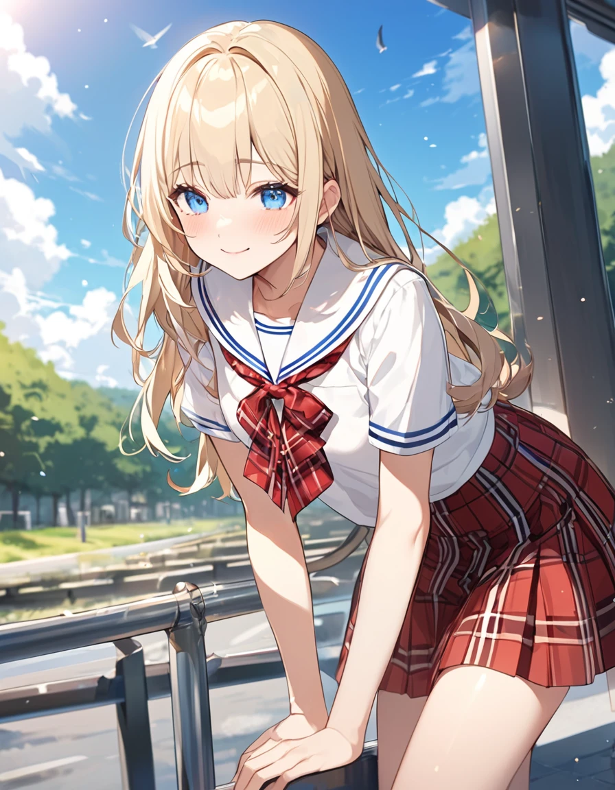 (Highest qualityのイラスト:1.2), (cute女の子:1.1), (1 girl、17 years old、Highest qualityのイラスト:1.2), (1 girl、Kind eyes、blue eyes:1.2)、Blonde、Semi-long hair、Mature、(Highest quality、Very detailed、cute、Ultra-high resolution) 、High School Uniform{White Sailor Suit、Short sleeve、Pleated skirt with red plaid pattern)、Outdoor、blue sky