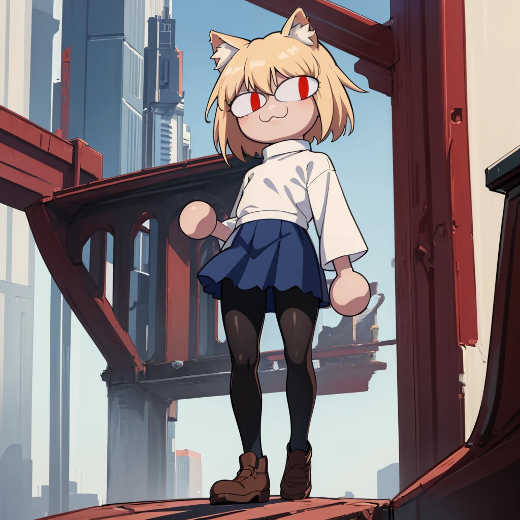 (masterpiece, best quality:1.2),  necoarc, slit pupils, cat ears, blonde hair, red eyes, chibi, 1boy, solo, white turtleneck, blue skirt, pleated skirt, brown footwear, pantyhose, outdoors, (solo portrait), (front view), highlight thighs,